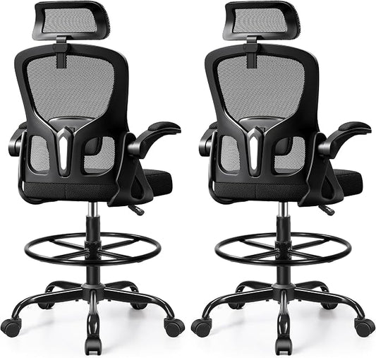 Drafting Chair, Tall Office Chair for Standing Desk, Ergonomic High Back with Headrest, Lumbar Support, Foot Ring and Flip-up Armrests, Black, Pack of 2