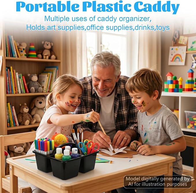 6 Pack 3 Compartment Small Caddy Plastic Classroom Organizer with Handle Portable Teacher Supply Storage Caddy Craft Art Caddies for Pencil, Crayon, Marker, Home, Office, School Supplies(Black)
