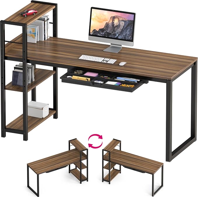 SHW 46-Inch Home Office Mission Computer Desk with Side Shelf and Drawer, Walnut