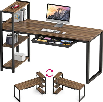SHW 46-Inch Home Office Mission Computer Desk with Side Shelf and Drawer, Walnut