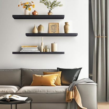 BAYKA Floating Shelves for Wall, Set of 3, 35.4 Inches Long Black Wall Mounted Rustic Wood Shelves for Bathroom, Bedroom, Living Room or Kitchen, for Book/Storage/Decor with 30lbs Capacity
