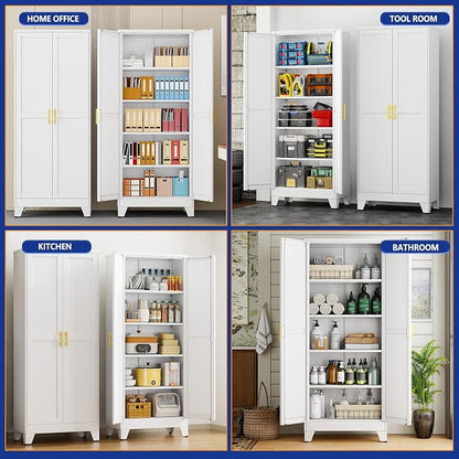 Metal Storage Cabinet with 2 Doors and 4 Adjustable Shelves - 71" Steel File Cabinet,Tool Cabinets for Office,Home,Garage,Gym,School,Bathroom,Kitchen(White)
