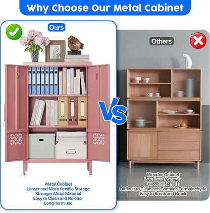 42" H Pink Metal Cabinet with 2 Adjustable Shelves, Metal Coffee Bar & Buffet Sideboard Cabinet with 2 Doors for Home,Dining Room, Kitchen,Assembly Required