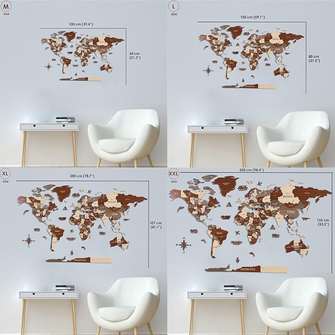 Colorfull Worlds, Multilayer 3D Wooden World Map, Travel Map States and Capitals, Wall Decor For New House, Gift For Travelers, Office Decor, Birthday Present, Living Room Decoration (M, Light Brown)