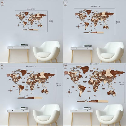Colorfull Worlds, Multilayer 3D Wooden World Map, Travel Map States and Capitals, Wall Decor For New House, Gift For Travelers, Office Decor, Birthday Present,Living Room Decoration (L, Light Brown)