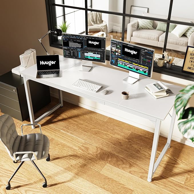 Huuger Computer Desk, 63 Inch Office Desk, Gaming Desk with Storage, Writing Desk Work Desk for Home Office, Study, Modern Simple Desk, Large Legroom, Metal Frame, White