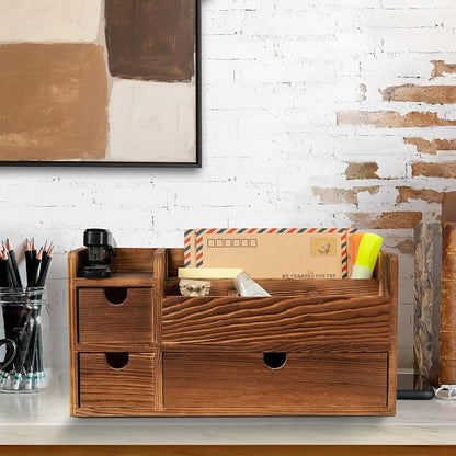 Deep Roast Wooden Desktop Organizer 3 Drawers Office Supplies Storage Caddy Box Stationery Pencil Mail Holder Note Pads Makeup Tools Cosmetics Dark Brown