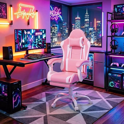 Gaming Chair, Ergonomic Computer Chairs with Arms, Lumbar Support, Footrest, Headrest 360°Swivel Chair, Adjustable Back and Height, Leather PC Chairs for Gaming, Study, Office, Pink