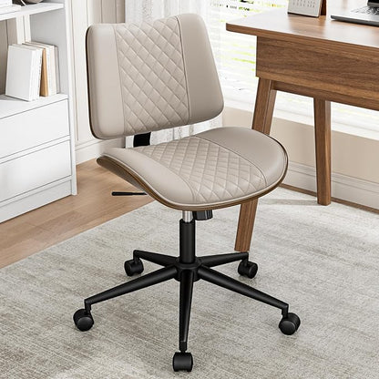REONEY Home Armless Office Chair, Modern Walnut Desk Chair with Wheels, Adjustable Swivel Rolling Task Chair with Curved Back for Reading,Meeting Room,Beige