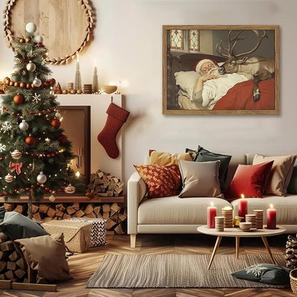 Framed Christmas Wall Art, Vintage Santa Claus and Reindeer Canvas Prints Winter Holiday Home Decor Christmas Wall Decor for Bedroom Living Room – 16x24in