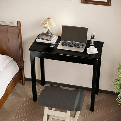 Solid Wooden Desk with Drawers - 32 x 16 Inch Narrow Desks for Small Spaces, Rubberwood Simple Study Table, Small Writing Desk for Bedroom - Modern Black Desks