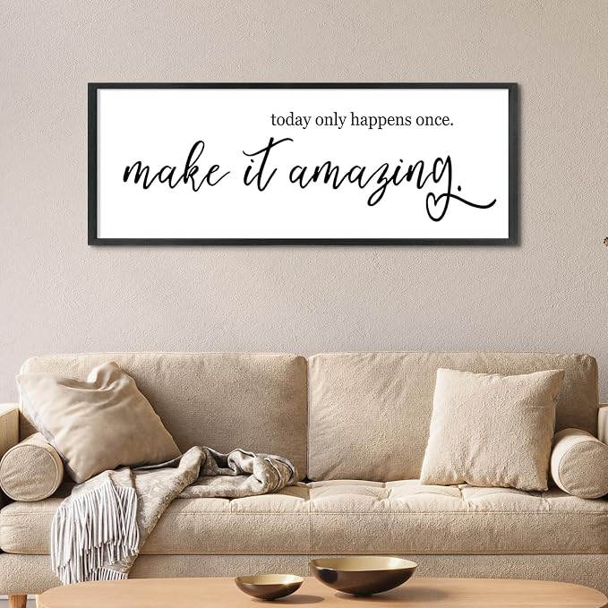 YWJKWLGS Inspirational Quotes Wall Decor Today Only Happens Once Make It Amazing Signs Wall Art 32x12 Inch Large Motivational plaque for Home office kitchen Bedroom Wood Framed Hanging (Black)