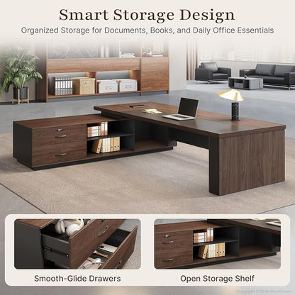 63" Reversible L-Shaped Executive Desk with Locking Drawers, Compact Office Desk for Home & Manager Office, Power Outlet, USB Ports, Storage Shelves, Privacy Panel & LED Light, Walnut Gray