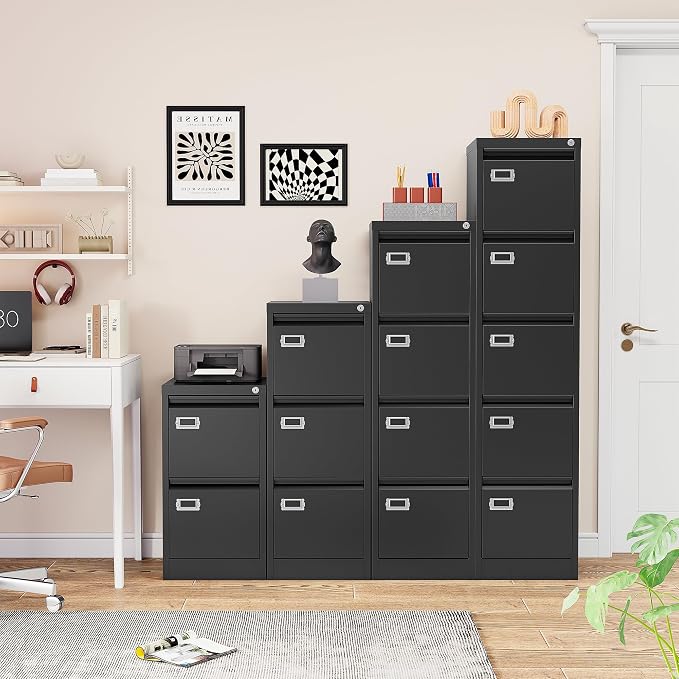SISESOL 5 Drawer File Cabinet with Lock,Black Narrow Vertical File Cabinet Five Drawer,Tall Office Filing Cabinets,Metal Filing Cabinets for Home Office,Fit A4,Legal,Letter Size,-Assembly Required