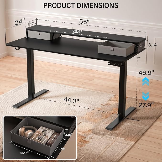 Electric Standing Desk with Two Drawers,55 x 24 Inch Sit Stand Desk Adjustable Height, Stand Up Desk with Storage Shelf, Computer Workstation for Home Office, Black