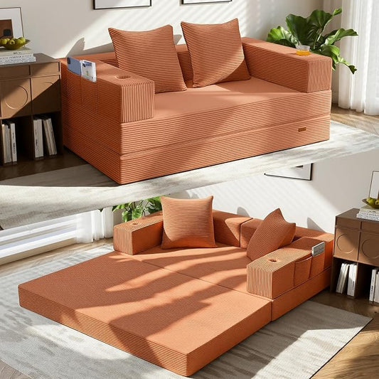 COMAX Futon Sofa Bed, 4‑in‑1 Convertible Sofa Bed, Folding Boneless Couches | Boneless Couch for living room, Fold Out Small Foldable Loveseat Floor Sleeper Mattress Lounge Space‑Saving, Light Orange