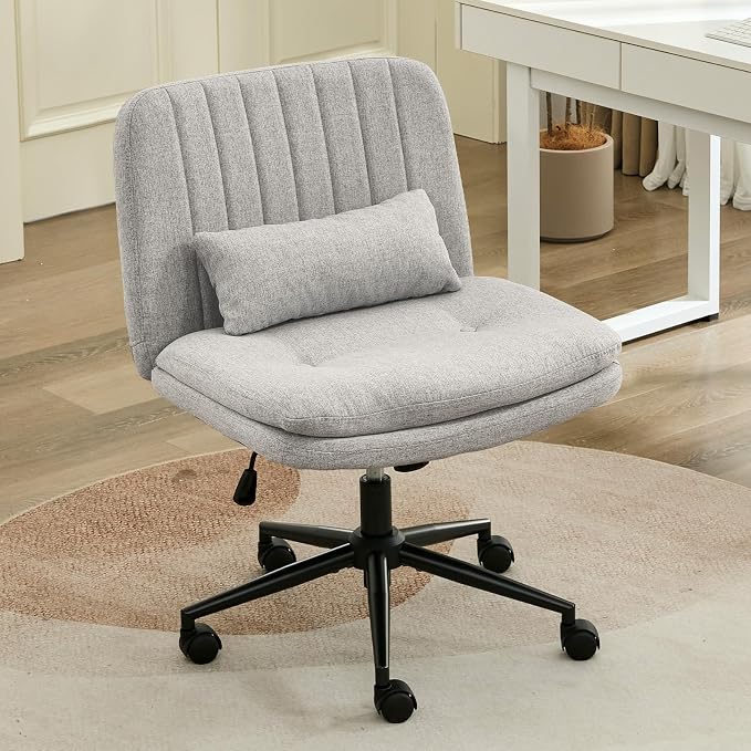 IPKIG Criss Cross Chair, Small Armless Desk Office Computer Chair with Wheels and Lumbar Pillow, Comfy Adjustable Swivel Task Vanity Chair Linen, Grey