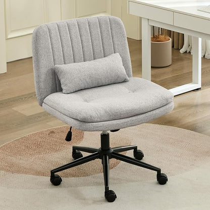 IPKIG Criss Cross Chair, Small Armless Desk Office Computer Chair with Wheels and Lumbar Pillow, Comfy Adjustable Swivel Task Vanity Chair Linen, Grey