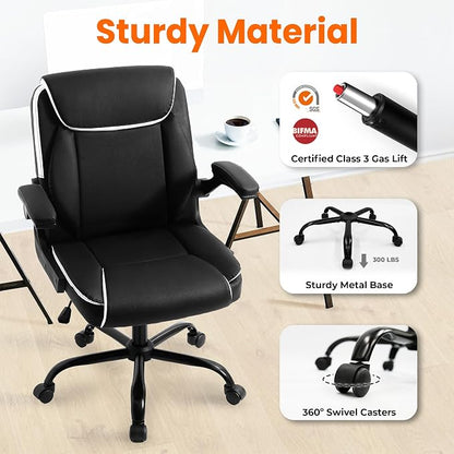 NEO CHAIR Desk Office Gaming Computer Chair Ergonomic Executive Mid-Back Leather with Adjustable Padded Flip-Up Armrests Cushion Wheels Swivel for Home Study Task (Black White)
