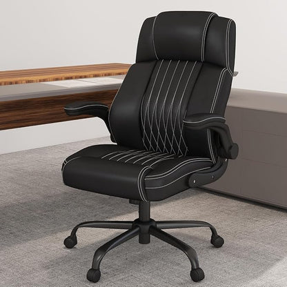 Ergonomic Executive Office Chair, High Back PU Leather Computer Desk Chair with Flip-Up Armrests, Lumbar Support, Adjustable Height and Rocking Function, Black