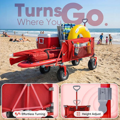 Sekey Heavy Duty Beach Wagon with 9" Big Sand-Proof Wheels, 300L Oversized Foldable Beach Cart with Cooler| Adjustable Handle & Balloon Tires for Sand, Camping,Vacation