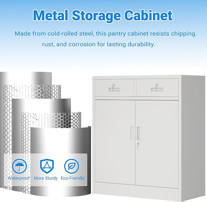 BESFUR Metal Storage Cabinet, Locking Storage Cabinet with Doors and Shelves, Reinforced Heavy Duty Metal Cabinets with Drawers for Office, Home, Garage (White)