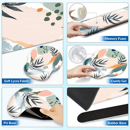 Desk Mat Set + Keyboard and Mouse Pad with Wrist Rest Support,4-in-1 Large Mousepad Computer Mats for Desktop Home & Office-Leaves 2