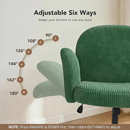 HUANUO Criss Cross Office Chair for Women, Cross Legged Desk Chair with Adjustable Armrests, Soft Corduroy Fabric for Small Spaces, Petite Home Office Computer Chair for Girls, Deep Green