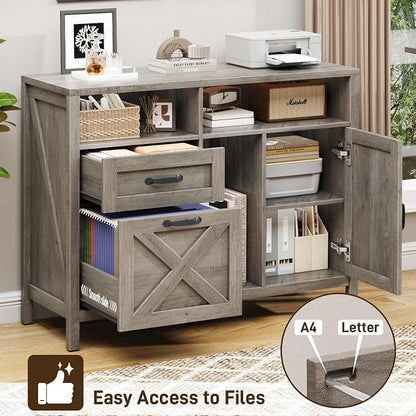 Befrases Farmhouse File Cabinet with Doors, Lateral Filing Cabinet with 2 Drawers for Letter/A4 Size Hanging Files, Large Wooden Printer Stand with Open Shelf for Home Office, Rustic Grey