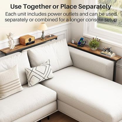 Kitstorack 102.3" Extra Long Behind Couch Table, Adjustable Height Narrow Console Table with 2 Power Strips, Split Design for Separate Wall Use, Anti-Scratch Tip, Rustic Brown for Living Room