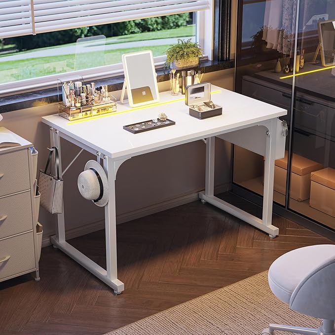DurayLoly 40" Computer Desk with Waterproof LED Lights,Bedroom Study Desk for Teens,Dorm Room Essentials,Headphone Hook&Storage Bag for Small Spaces,Sturdy Metal Frame,White