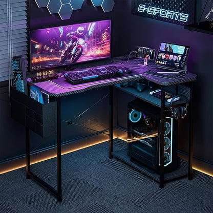 Acrolix L Shaped Gaming Desk 40 Inch - Computer Corner Desk with Power Outlets, Reversible Shelves & Storage Bag for Home Office, PC Gaming Table, Black Carbon