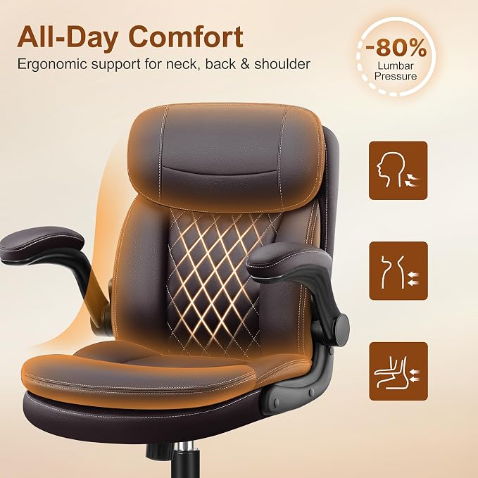 Leather Office Chair, PU Computer Desk Chairs with Upgraded Double-Layer Seat Cushion and Neckrest, 360°Swivel, Ergonomic Small Gaming Chair with Wheels and Adjustable Armrests, Dark Brown