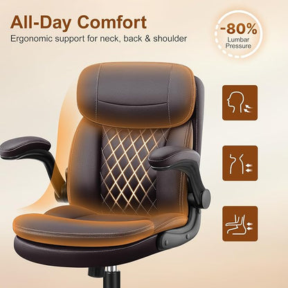 Leather Office Chair, PU Computer Desk Chairs with Upgraded Double-Layer Seat Cushion and Neckrest, 360°Swivel, Ergonomic Small Gaming Chair with Wheels and Adjustable Armrests, Dark Brown