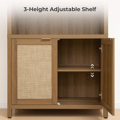 SICOTAS Book Shelf Arched Cabinet Bookshelf Arch 84.2" Tall Bookcase 5 Tier Large Bookshelves with Doors Storage Rattan Boho Wide Book Shelves Case for Living Room Kitchen Office Library