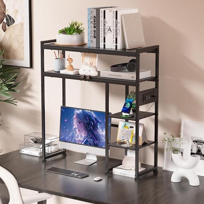 Aetheris Desktop Organizer Shelf, 30" Wooden Office Storage Rack with Outlets, Display Shelf Rack with Light Strip, 5 Tier Desktop Display Rac, Desk Shelf, Desk Hutch for Computer Monitor (Black)