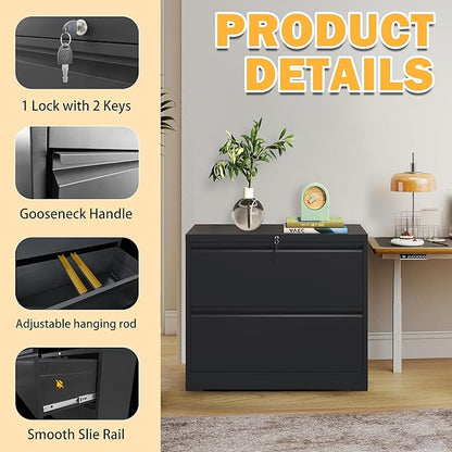 2 Drawer Lateral File Cabinet with Lock, File Cabinet, Metal Lateral Filing Cabinets for Home Office, File Storage Cabinet for Legal/Letter/A4 Documents, Assembly Required (Black, 26'W)