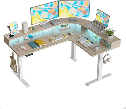 FEZIBO 63"x49" L Shaped Standing Desk with Arc LED & Power Outlet, Electric Height Adjustable L Shaped Desk with Monitor Stand, for Gaming Office, Light Walnut（2 Packages）