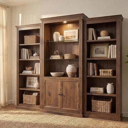 Merax 3-Pieces Brown Bookcase Collection Display Cabinet 87"x17"x79" Tall Bookshelf, Single Color Ceiling Light, 5 Shelf MDF Bookcase for Living Room, Home Office, Studio