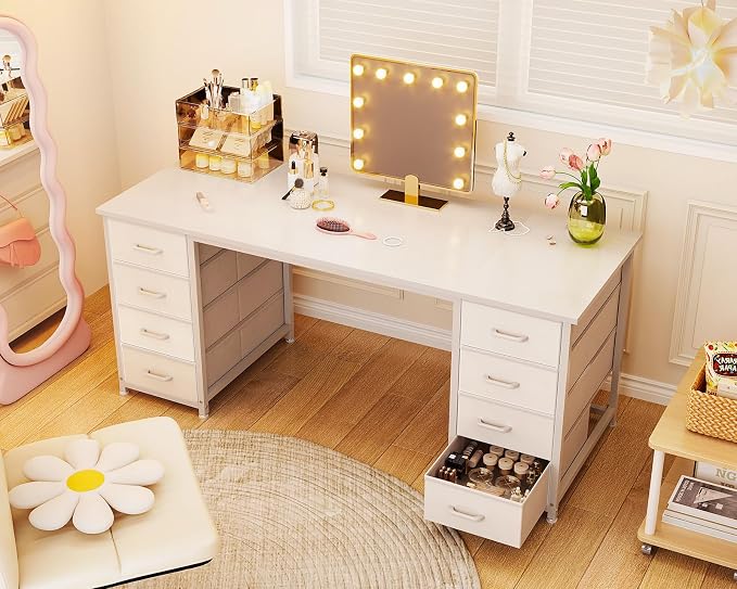 ODK 55 Inch Computer Desk with 8 Fabric Drawers, Modern Office Desk with Large Storage for Home Office, Study, Gaming, White