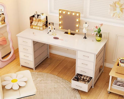ODK 55 Inch Computer Desk with 8 Fabric Drawers, Modern Office Desk with Large Storage for Home Office, Study, Gaming, White
