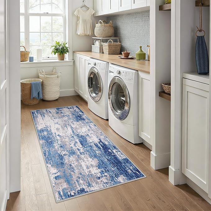 RELEANY Washable Area Rugs 3x6 Non-Slip Modern Abstract Soft for Living Room Entryway Bedroom Kitchen, Print Pattern, Blue Grey Navy Gray