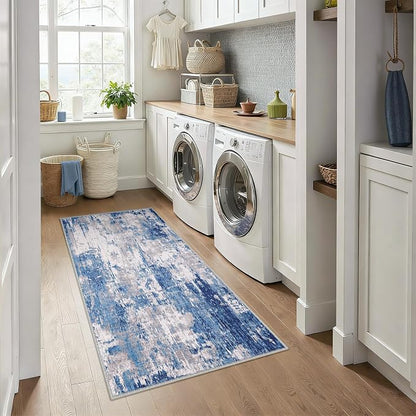 RELEANY Washable Area Rugs 3x6 Non-Slip Modern Abstract Soft for Living Room Entryway Bedroom Kitchen, Print Pattern, Blue Grey Navy Gray