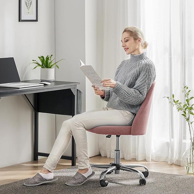 Simple Deluxe Armless Office Desk Chair, Modern Cute Swivel Vanity Chair Comfy Home Office Chairs with Wheels Height Adjustable Rolling Computer Task Stools for Living Room, Make-up, Bedroom, Pink