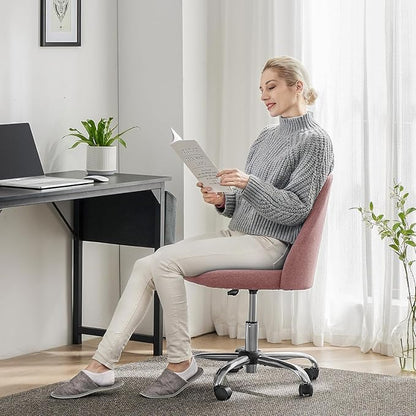 Simple Deluxe Armless Office Desk Chair, Modern Cute Swivel Vanity Chair Comfy Home Office Chairs with Wheels Height Adjustable Rolling Computer Task Stools for Living Room, Make-up, Bedroom, Pink