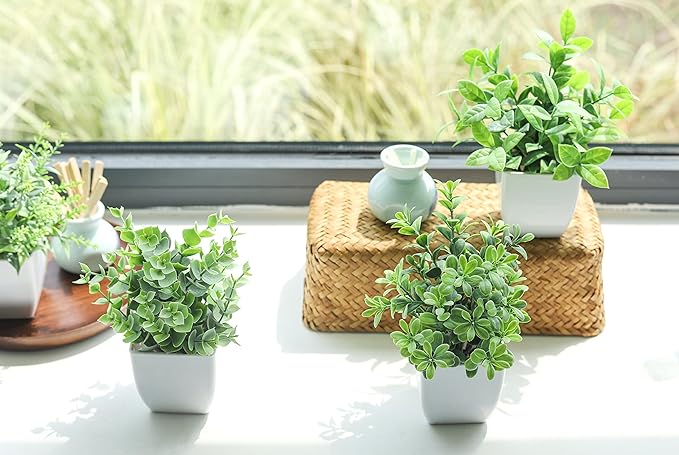 Der Rose 4 Pack Fake Plants Mini Artificial Greenery Potted Plants for Home Decor Indoor Office Table Room Farmhouse Bathroom Decor