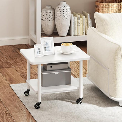 GOFLAME Under Desk Printer Stand, 2-Tier Mobile Printer Table with Storage Shelf, Metal Frame, Rolling Printer Cart Holder Storage Rack with Lockable Wheels for Home Office, White