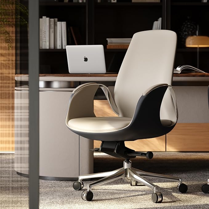 TOMU Genuine Leather Executive Office Chair, Executive Guest Chair, Mid Back Comference Office Chair for Office Comference Room Table,Swivel with Wheels, (Cream)