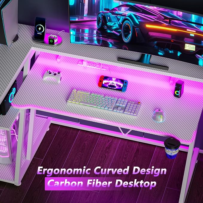 Korfile 47 Inch White Gaming Desk with Power Outlet & LED Lights, Corner Computer Desk with 3 Tiers Storage Shelves, L Shaped Gaming Desk with Monitor Stand for Bedroom