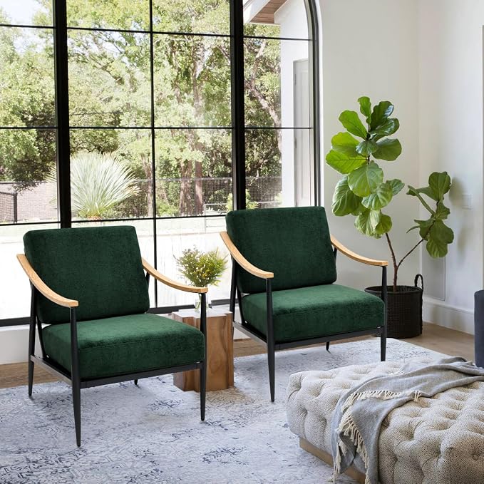 RNKSFX Modern Accent Chairs Set of 2 for Living Room Bedroom Mid Century Arm Chairs Upholstered Office Accent Chairs Comfy Waiting Room Chairs with Metal Frame, Green